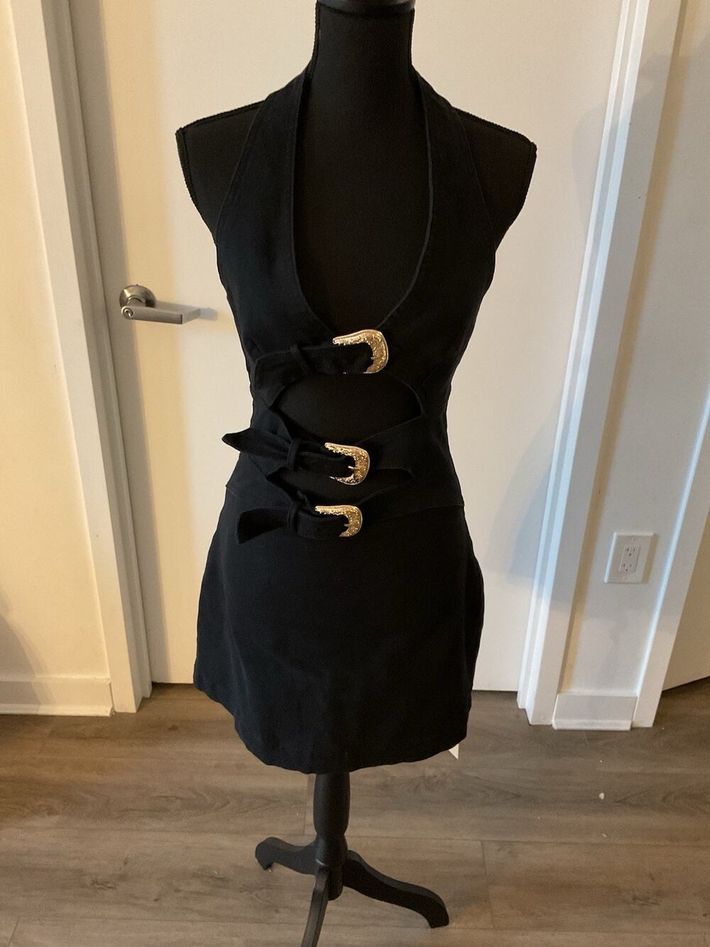 Commence Black Denim Halter Buckle Detail Cutout Dress Size Large
